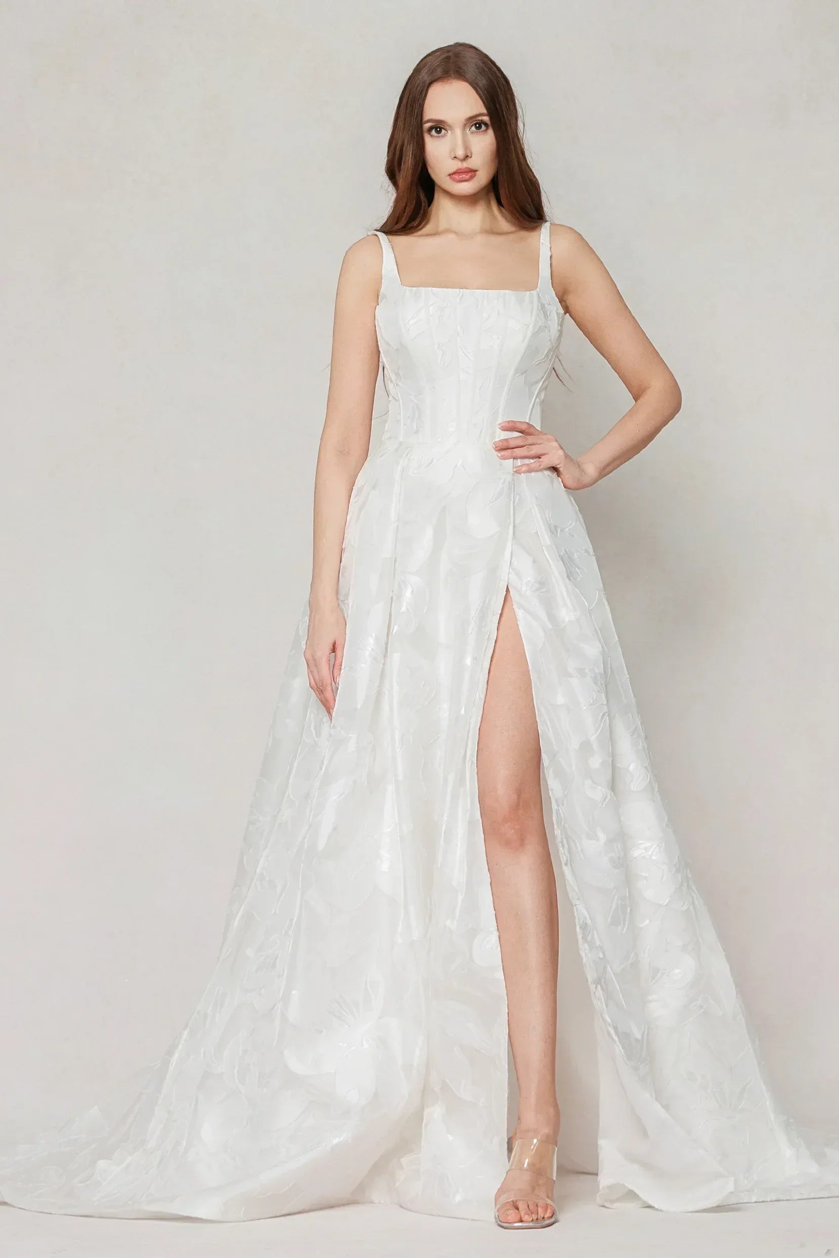 A-Line Court Train Jacquard Satin Wedding Dress CW3621 - COCOMELODY